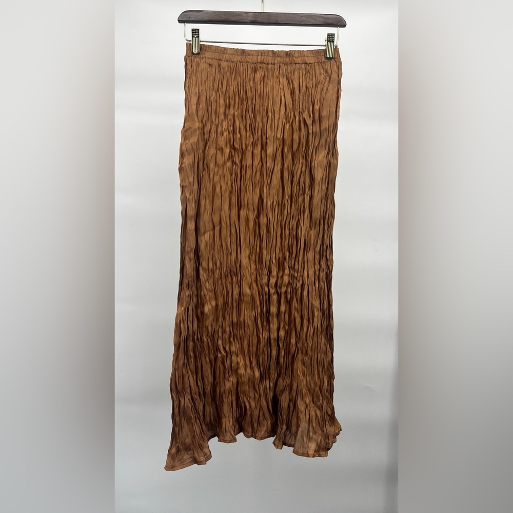 Women’s Skirt - Dressed in LALA Brown Maxi Ruffled Silky Light Weight Pleated